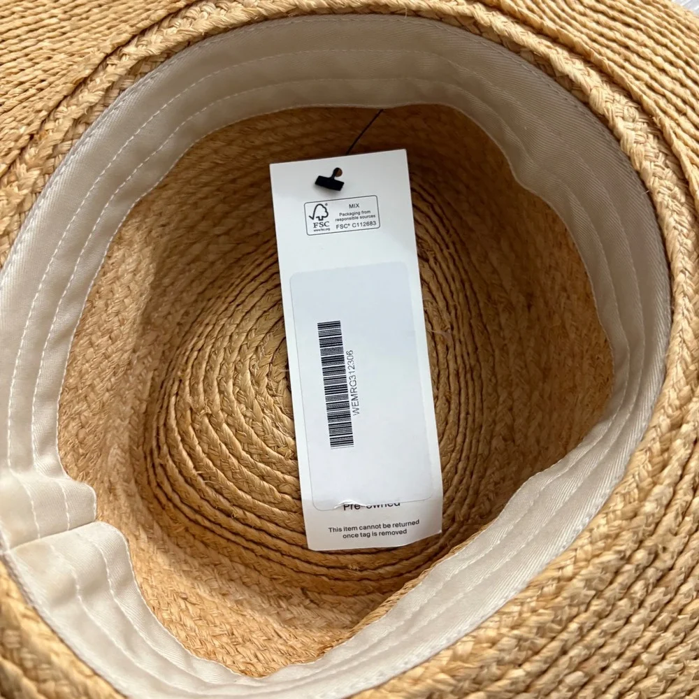 Woven Straw Hat Women Wide Brim Tan with Black Ribbon Bow Accent Summer Beach